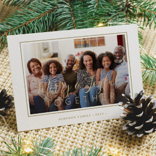Minimalist 4 photo collage gold script Christmas Holiday Card