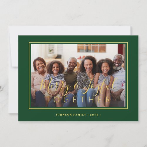 Minimalist 4 photo collage green gold Christmas Holiday Card