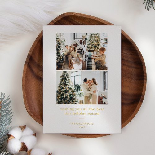 Minimalist 4 Photo Collage Modern Typography Gold Foil Holiday Card