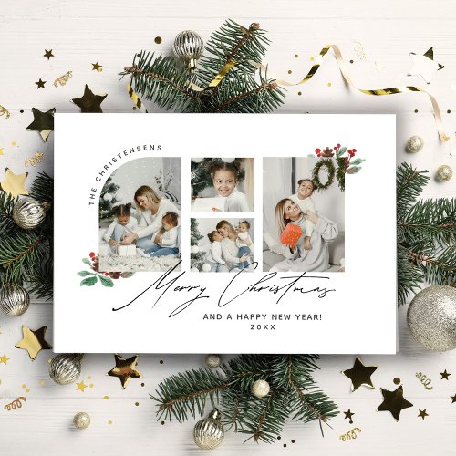 Minimalist 4 Photo Merry Christmas Collage Holiday Card