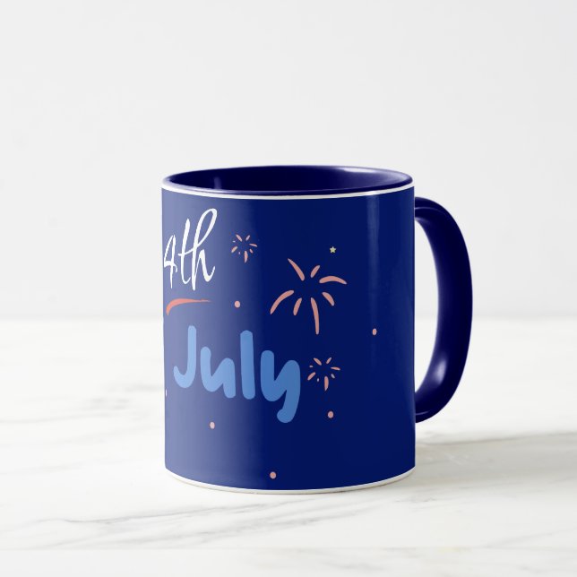 Minimalist "4th of July" with Firecracker Bursts Mug (Front Right)