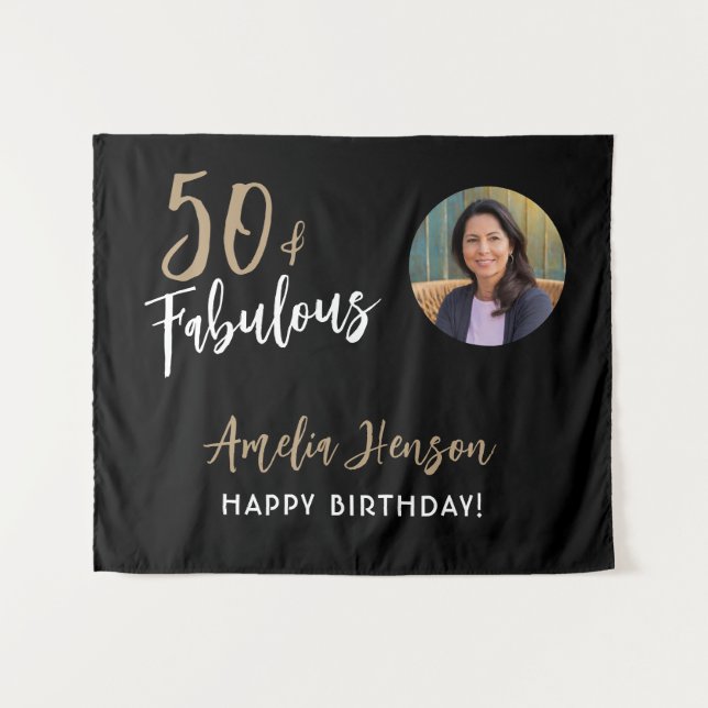 Minimalist 50 and Fabulous Photo 50th Birthday Tapestry (Front (Horizontal))