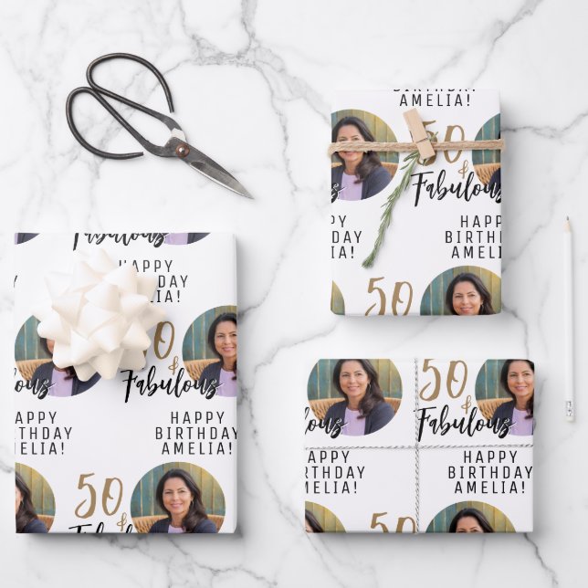 Minimalist 50 and Fabulous Photo 50th Birthday Wrapping Paper Sheets (Front)