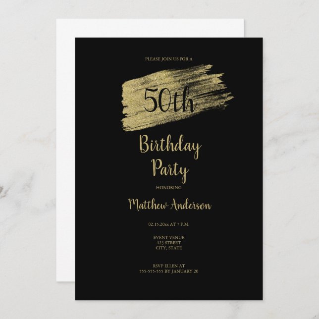 Minimalist 50th Gold Black Birthday Invitation (Front/Back)