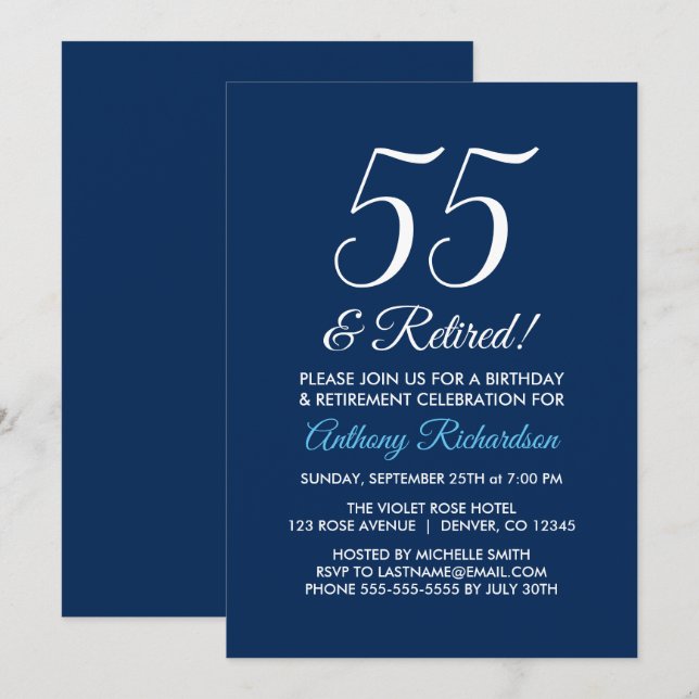 Minimalist 55 and Retired Navy Blue Retirement Invitation (Front/Back)