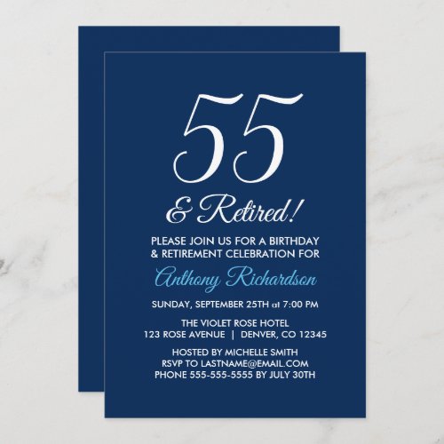 Minimalist 55 and Retired Navy Blue Retirement Invitation