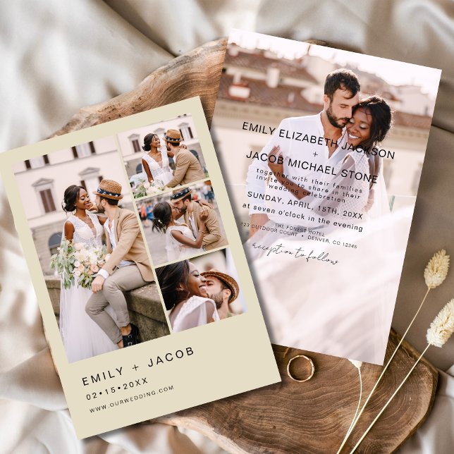 Minimalist 5 Photo Champagne Beige Elegant Wedding Invitation (Creator Uploaded)