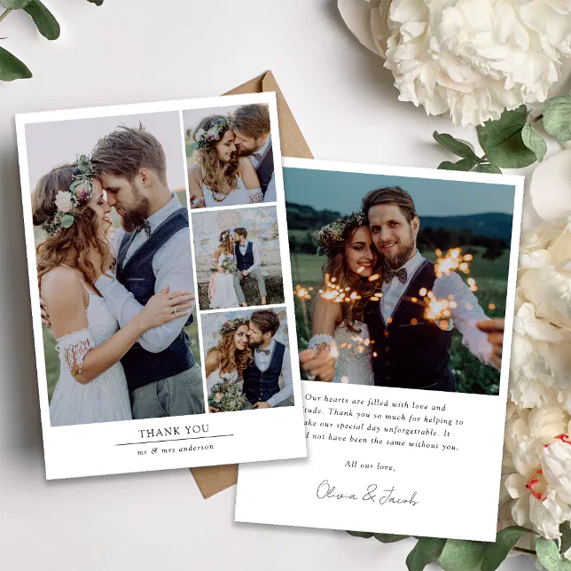 Minimalist 5 Photo Wedding Thank You Card | Zazzle