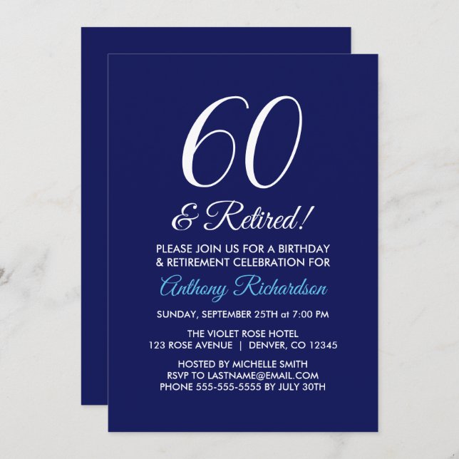 Minimalist 60 and Retired Dark Purple Retirement Invitation (Front/Back)