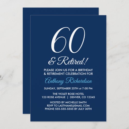 Minimalist 60 and Retired Navy Blue Retirement Invitation