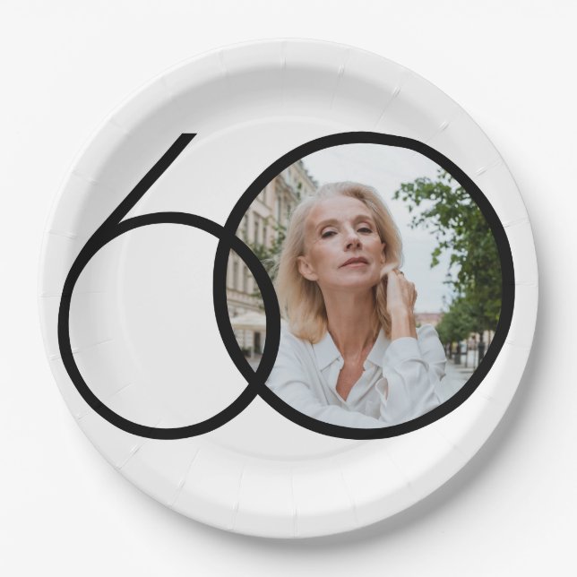 Minimalist 60th Birthday Photo Black White Chic Paper Plates (Front)