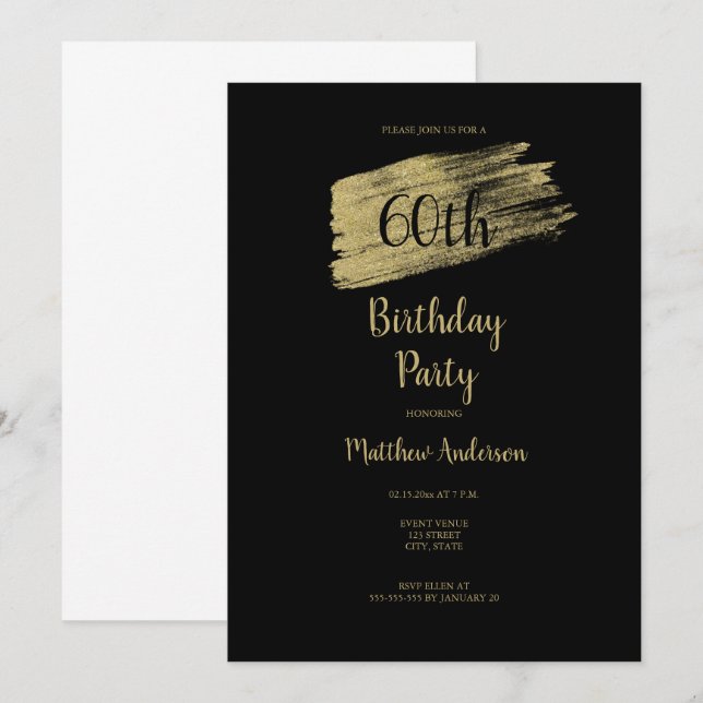 Minimalist 60th Gold Black Birthday Invitation (Front/Back)