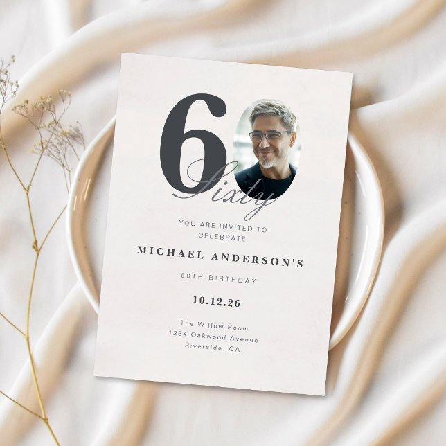 Minimalist 60th Year Birthday Invitation (Modern 60th Birthday Card with Photo)