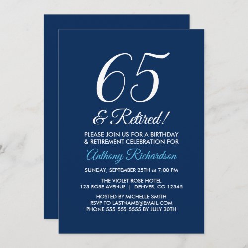 Minimalist 65 and Retired Navy Blue Retirement Invitation