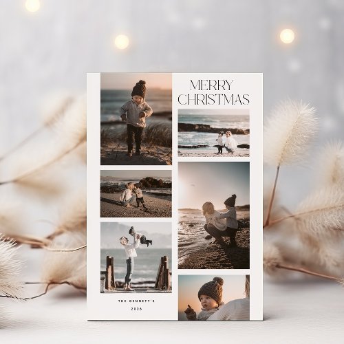 Minimalist 6 Photo Collage Merry Christmas Holiday Card