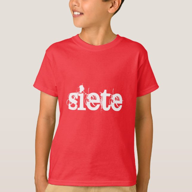 Minimalist 7th Birthday Shirt | Spanish "siete" (Front)