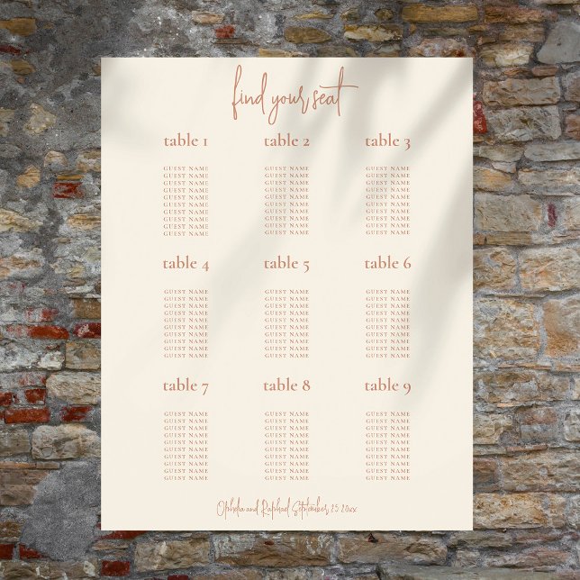 Minimalist 9 Table Cream Wedding Seating Chart (Available printed or digitally)