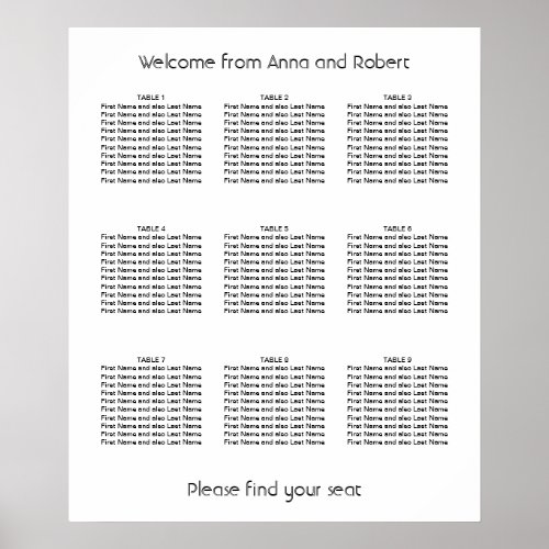 Minimalist 9 Table Wedding Seating Chart