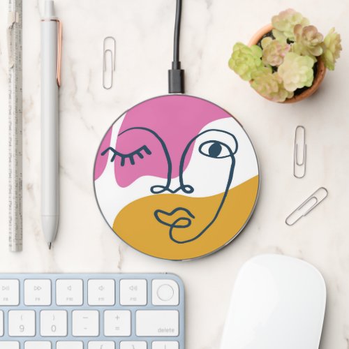 Minimalist Abstract Face Portrait Line Art Drawing Wireless Charger
