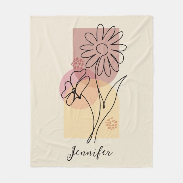 Minimalist abstract flower line art  fleece blanket (Front)
