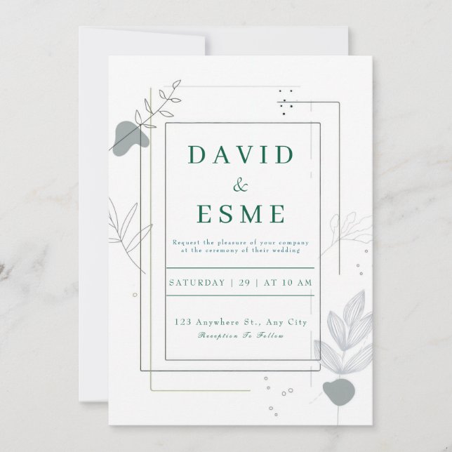 Minimalist Abstract Gray Botanical Wedding Invitation (Front)