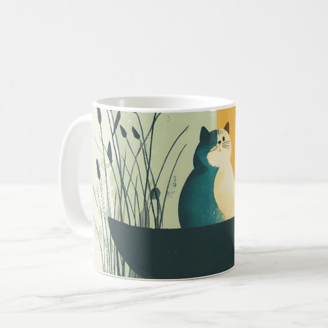 Minimalist Abstract Lake Chubby White Cat Canoe Coffee Mug (Front Left)