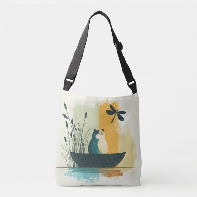 Minimalist Abstract Lake Chubby White Cat Canoe Crossbody Bag (Front)