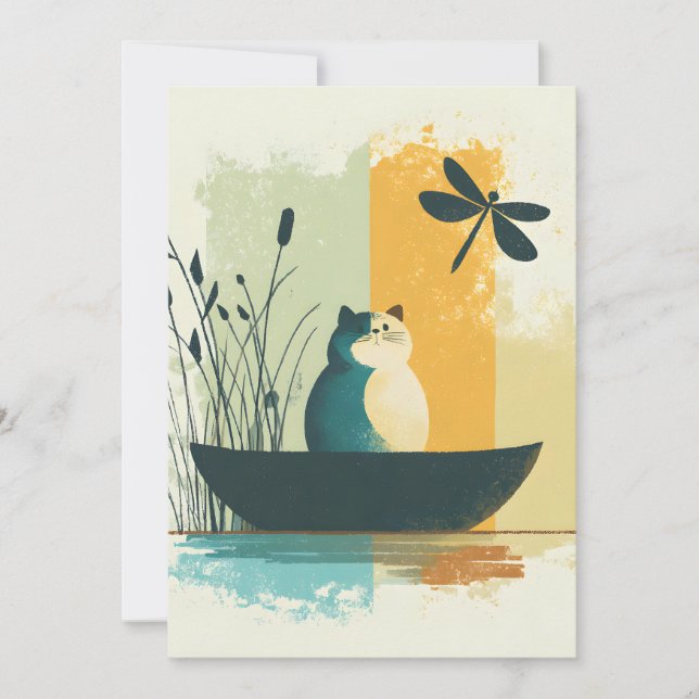 Minimalist Abstract Lake Chubby White Cat Canoe Holiday Card (Front)