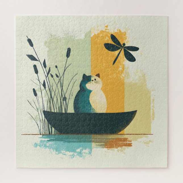Minimalist Abstract Lake Chubby White Cat Canoe Jigsaw Puzzle (Vertical)
