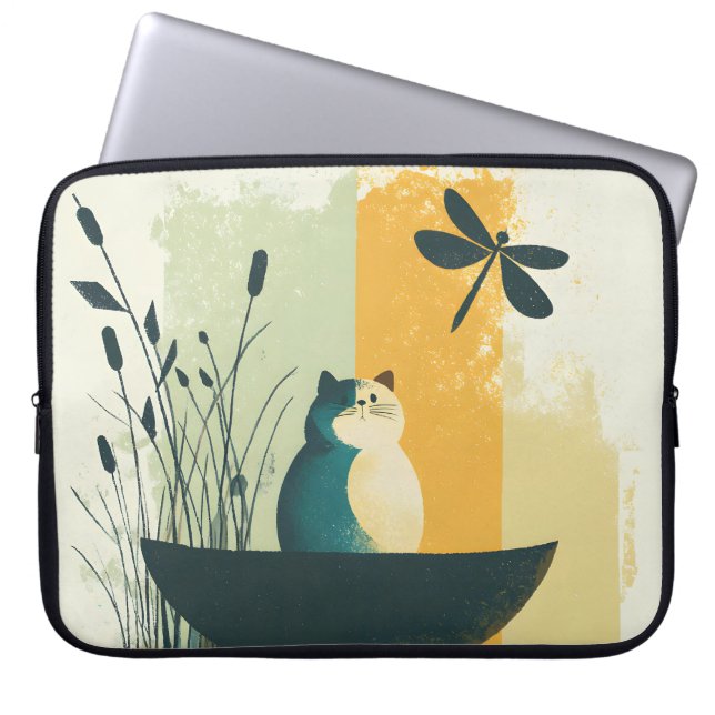 Minimalist Abstract Lake Chubby White Cat Canoe Laptop Sleeve (Front)