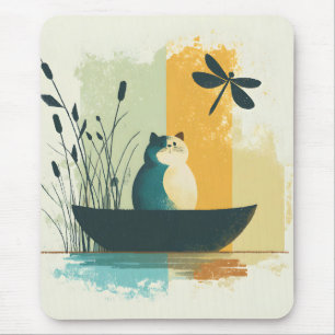 Minimalist Abstract Lake Chubby White Cat Canoe Mouse Pad