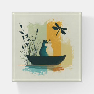Minimalist Abstract Lake Chubby White Cat Canoe Paperweight