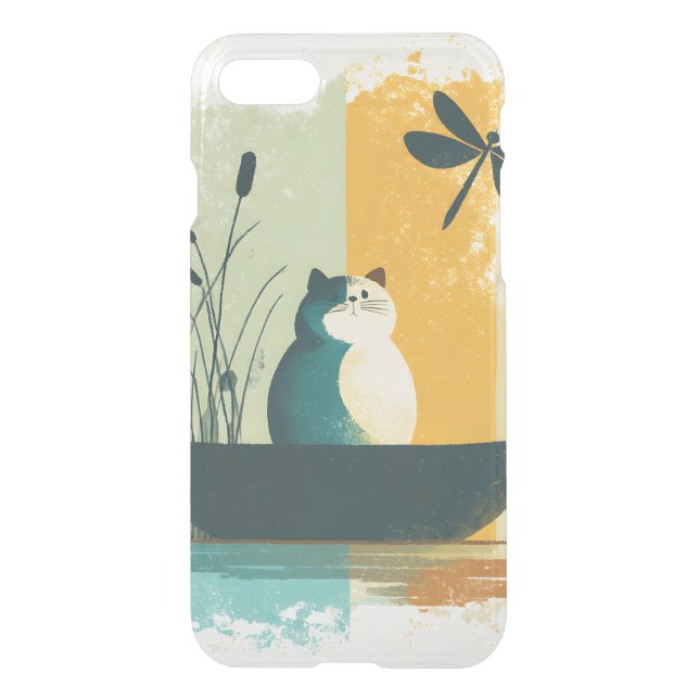 Minimalist Abstract Lake Chubby White Cat Canoe Uncommon iPhone Case (Back)