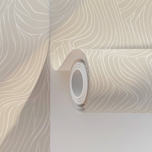 Minimalist Abstract Waves Beige & White Wallpaper