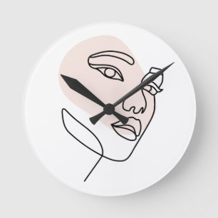 Minimalist Abstract Woman Face Line Art Drawing 2 Round Clock