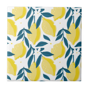Minimalist Abstract Yellow Lemons and Teal Leaves Ceramic Tile