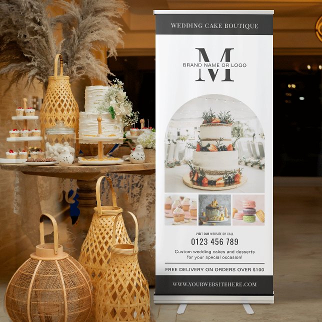 Minimalist Add Logo Photos Dessert Bakery Business Retractable Banner (Minimalist black and white bakery business promotional photo pull up banner with your logo)