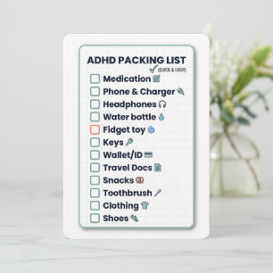 Minimalist ADHD Packing List Travel Checklist Card