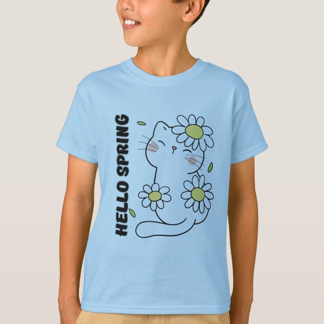 Minimalist Aesthetic Hello Spring Cat & Daisy  T-Shirt (Front)