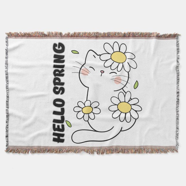 Minimalist Aesthetic Hello Spring Cat & Daisy  Throw Blanket (Front)