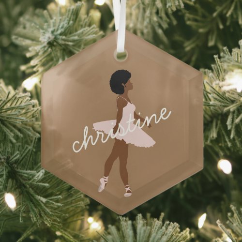 Minimalist afro black ballerina illustration name glass ornament