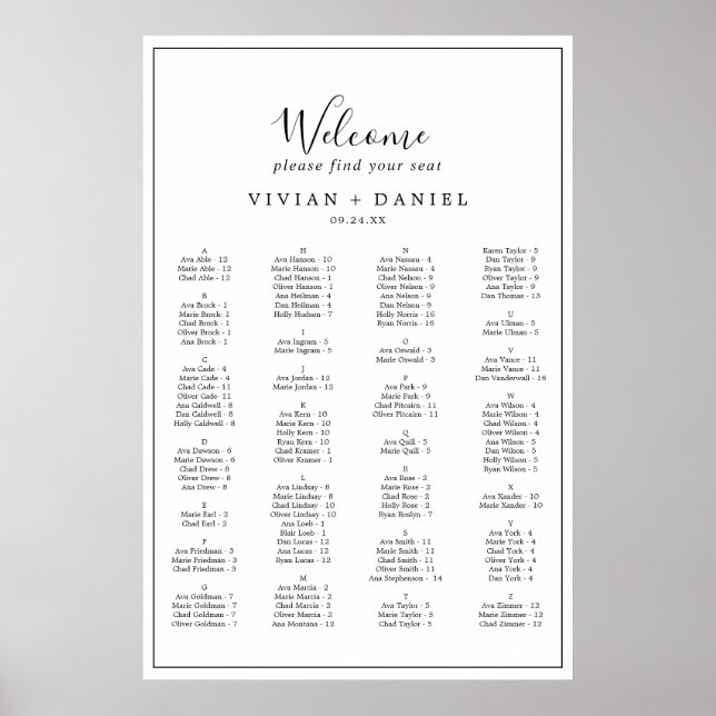 Minimalist Alphabetical Seating Chart (Front)