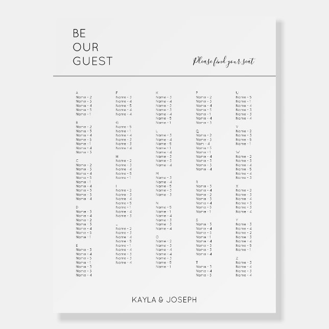 Minimalist Alphabetical Seating Chart Board (Front)