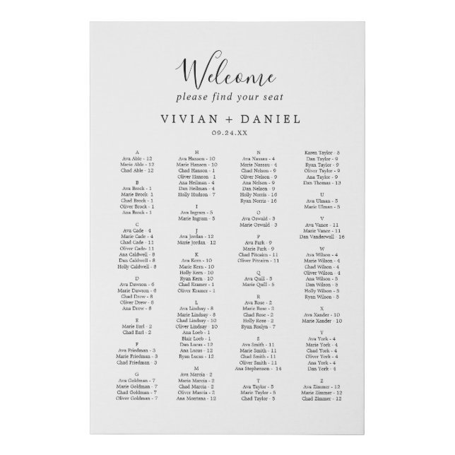 Minimalist Alphabetical Seating Chart Faux Canvas Print (Front)