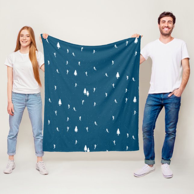 Minimalist Alpine Skiers Skiing Illustration Blue Fleece Blanket (In Situ)