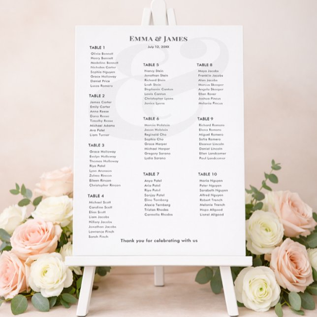 Minimalist Ampersand Wedding | 10 Seating Chart (Modern wedding stationery set featuring invitations, RSVP cards, and a floral seating chart display.)