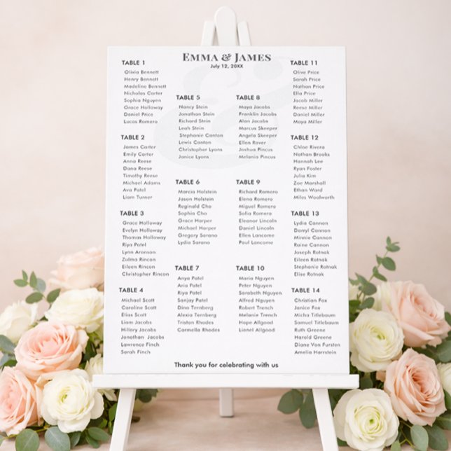 Minimalist Ampersand Wedding | 14 Seating Chart (Modern wedding stationery set featuring invitations, RSVP cards, and a floral seating chart display.)