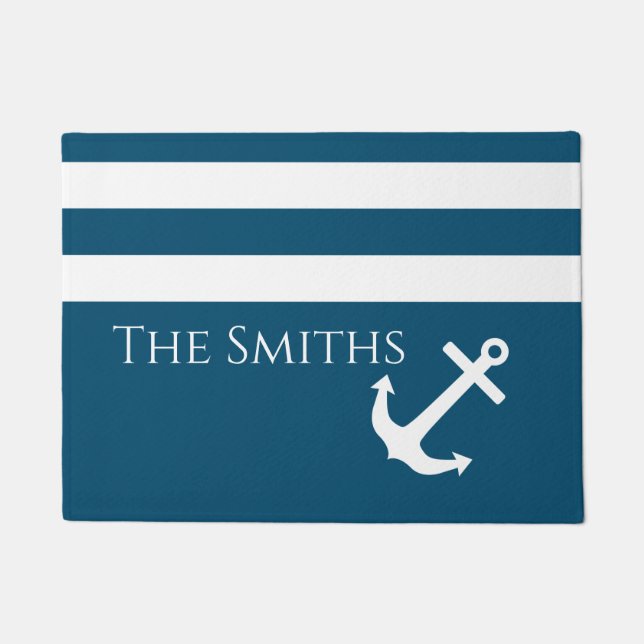 Minimalist Anchor & Stripes Nautical Doormat (Front)
