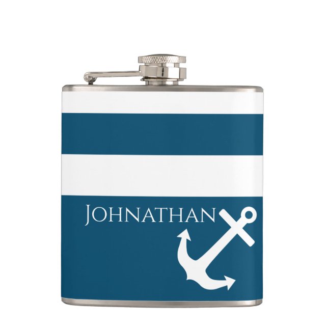 Minimalist Anchor & Stripes Nautical Flask (Front)