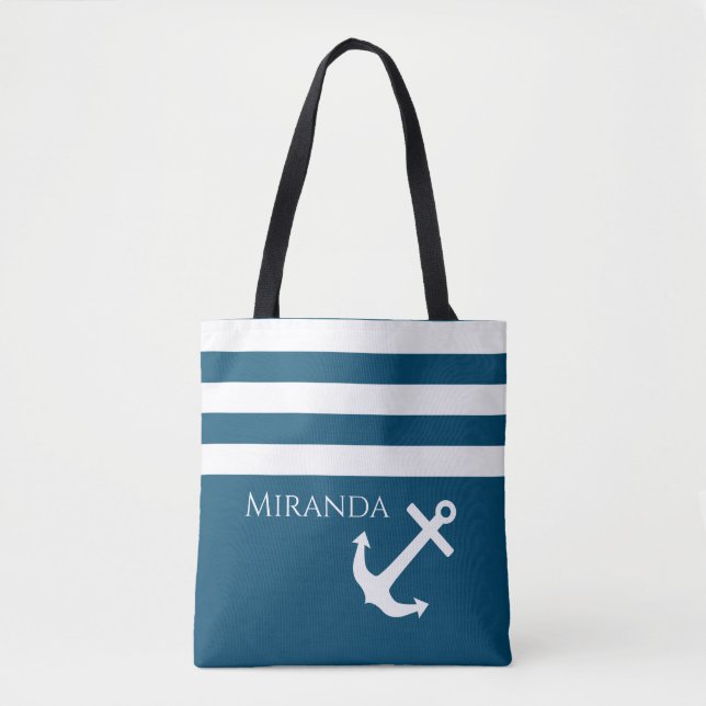 Minimalist Anchor & Stripes Nautical Tote Bag (Front)